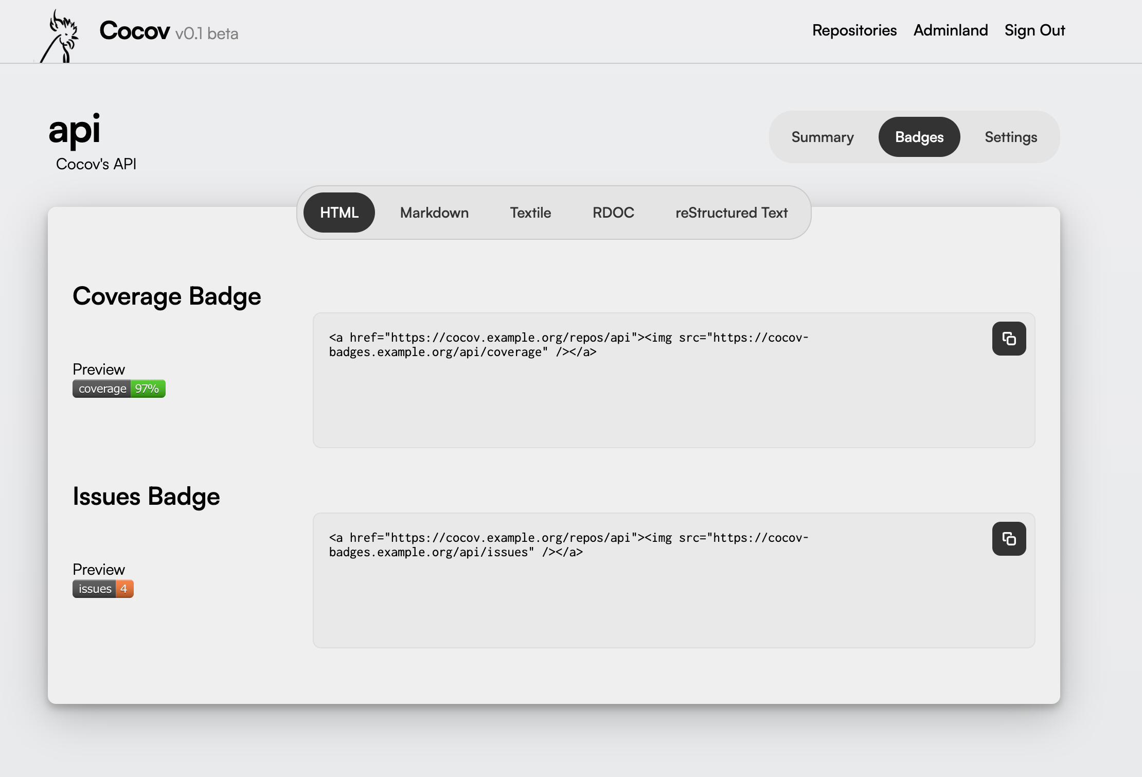 The "Badges" section of the Repository page