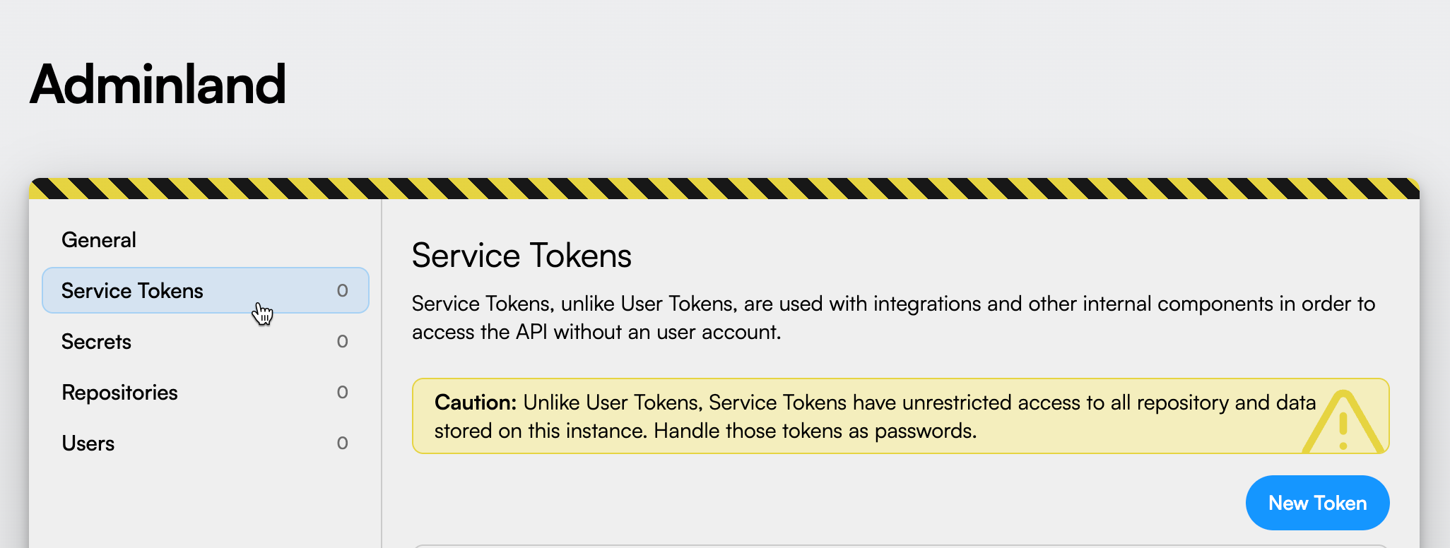 A mouse cursor over the Service Tokens option on Adminland sidebar